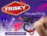 Frisky square web banner on purple with items 600 x 461