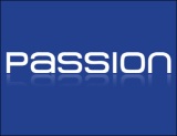 Passion Lubricants White Text Logo with Shadow on Blue with No Border 390 x 300
