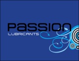Passion Lubricants Logo with Design on Blue with Black Border 390 x 300